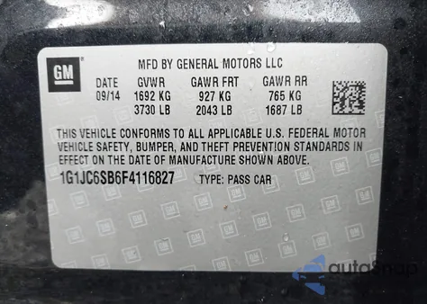 2015 Chevrolet Sonic Lt Auto z USA, uszkodzony, nr VIN 1G1JC6SB6F4116827